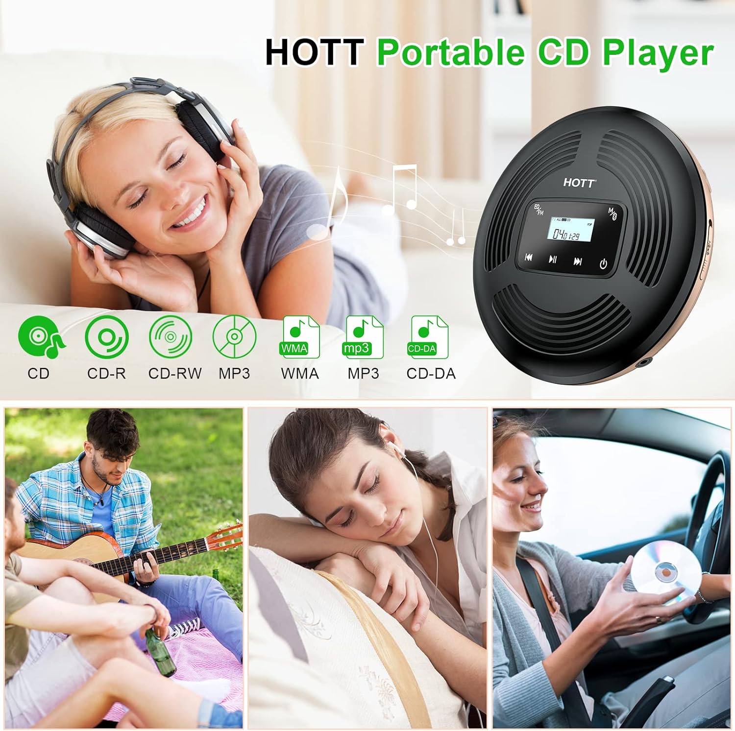 Portable CD Player, HOTT CD903TF CD Player for Car with Bluetooth FM Transmitter AUX Output Rechargeable 1800mah Touch Button Anti-Skip Shockproof Protection Bluetooth CD Player for Home Car Travel Pack of 2