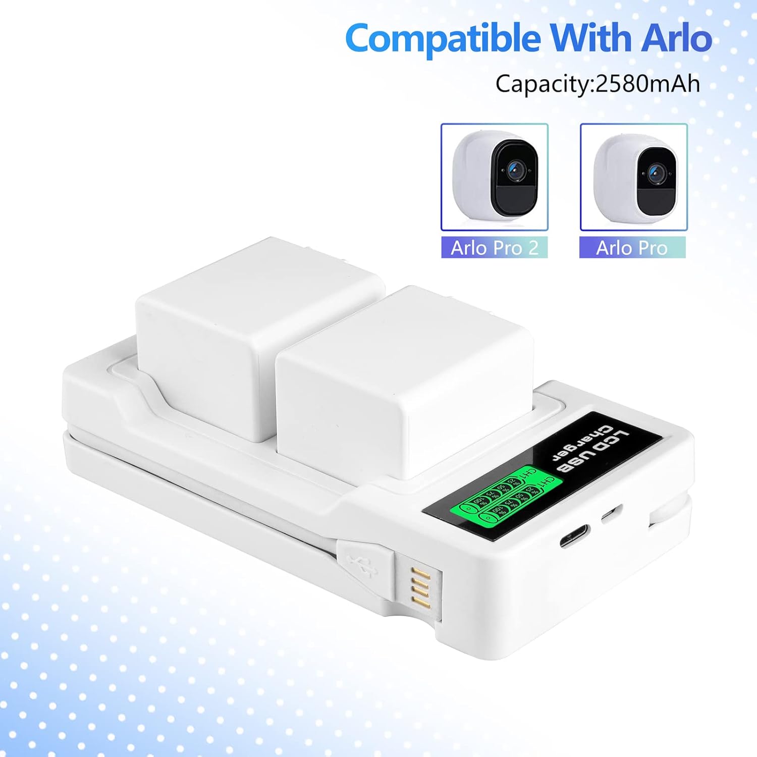 Batteries and Charger for Arlo Pro, Arlo Pro 2 (VMA4400) - JESSPOW 2-Pack 2580mAh Li-ion Rechargeable Batteries with Charger Station, Battery Replacement ONLY for Arlo Pro/Pro 2 Camera Pack of 2