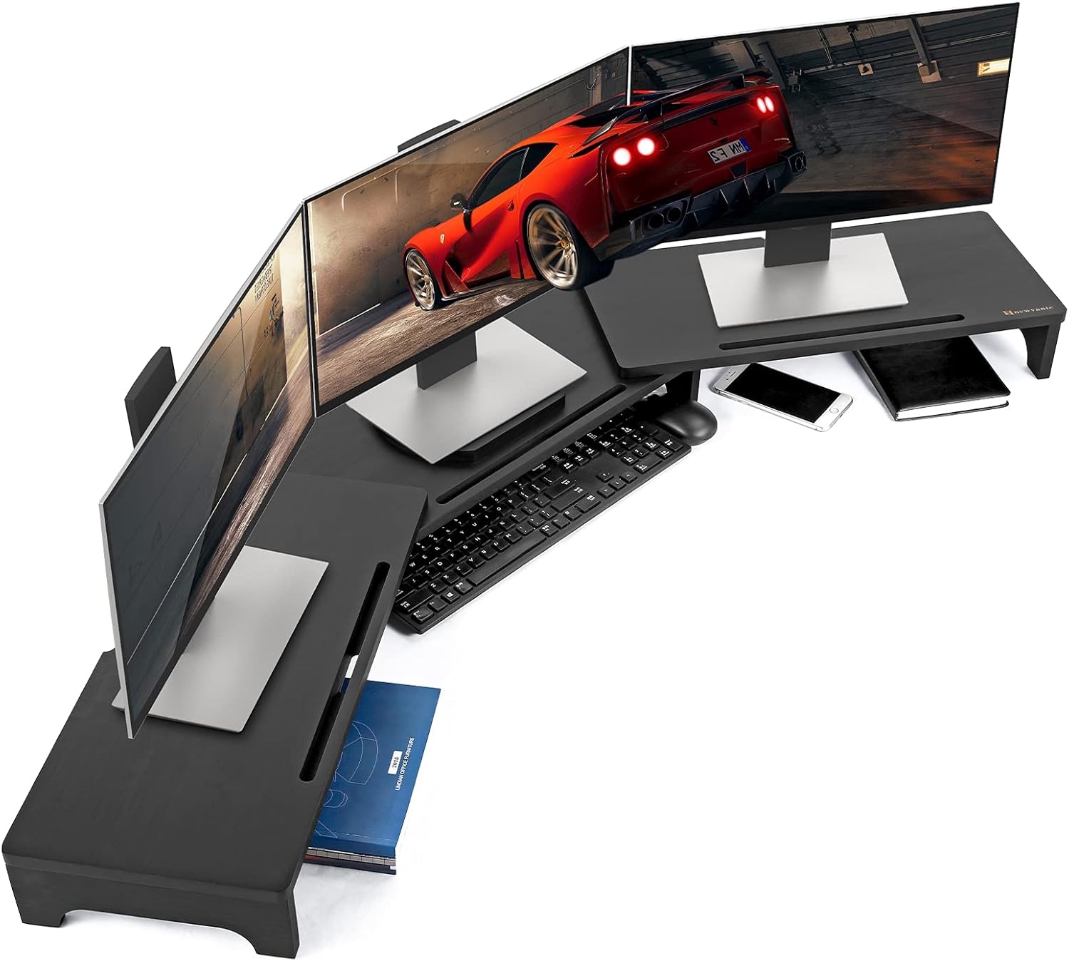 Monitor Stand Riser Large Nnewvante Bamboo Dual Monitor Stand for Desk with Adjustable Length Angle 3 Shelves Desktop Screen Riser for Computer Laptop PC, Black Pack of 2