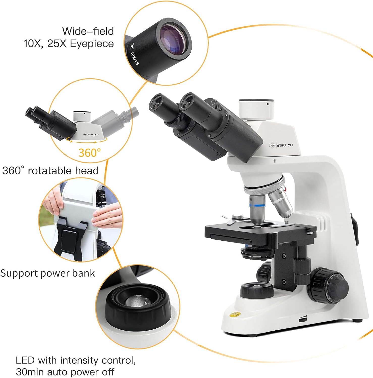 Swift Stellar 1-T Professional Lab Compound Microscope, 40X-2500X Magnification, Siedentopf Trinocular Head, Mechanical Stage, Ultra-Precise Focusing, Camera-Compatible, User and Eco-Friendly Design