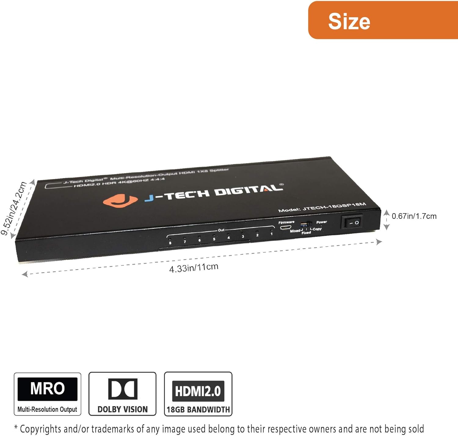 J-Tech Digital Scaler/Multi-Resolution Output (MRO) 18GBps 1x8 HDMI 2.0 Splitter HDR10/Dolby Vision 4K@60Hz 4:4:4 [JTECH-18GSP18M]