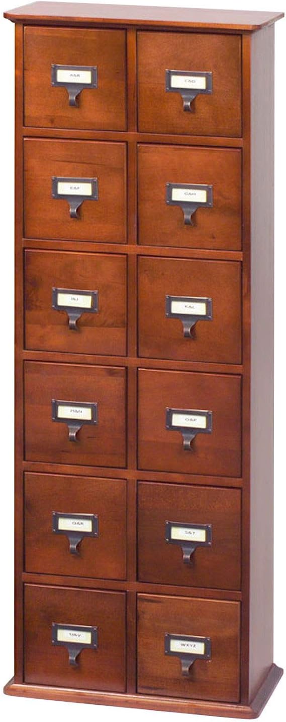 Leslie Dame Solid Oak Library Card File Media Cabinet, 12 Drawers, Cherry