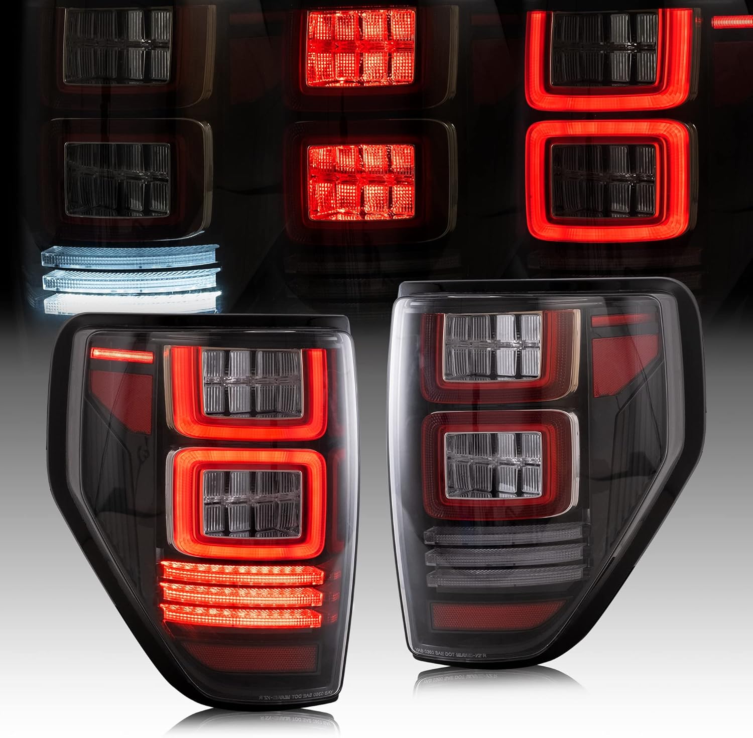 YUANZHENG Smoked Tail Lights Compatible For [ Ford F150 Pickup 2009-2014 FX2/FX4/SVT/RAPTOR R/TREMOR ] With Red Turn Signal Light Assembly (Not Fit Flareside & BLISS Models)