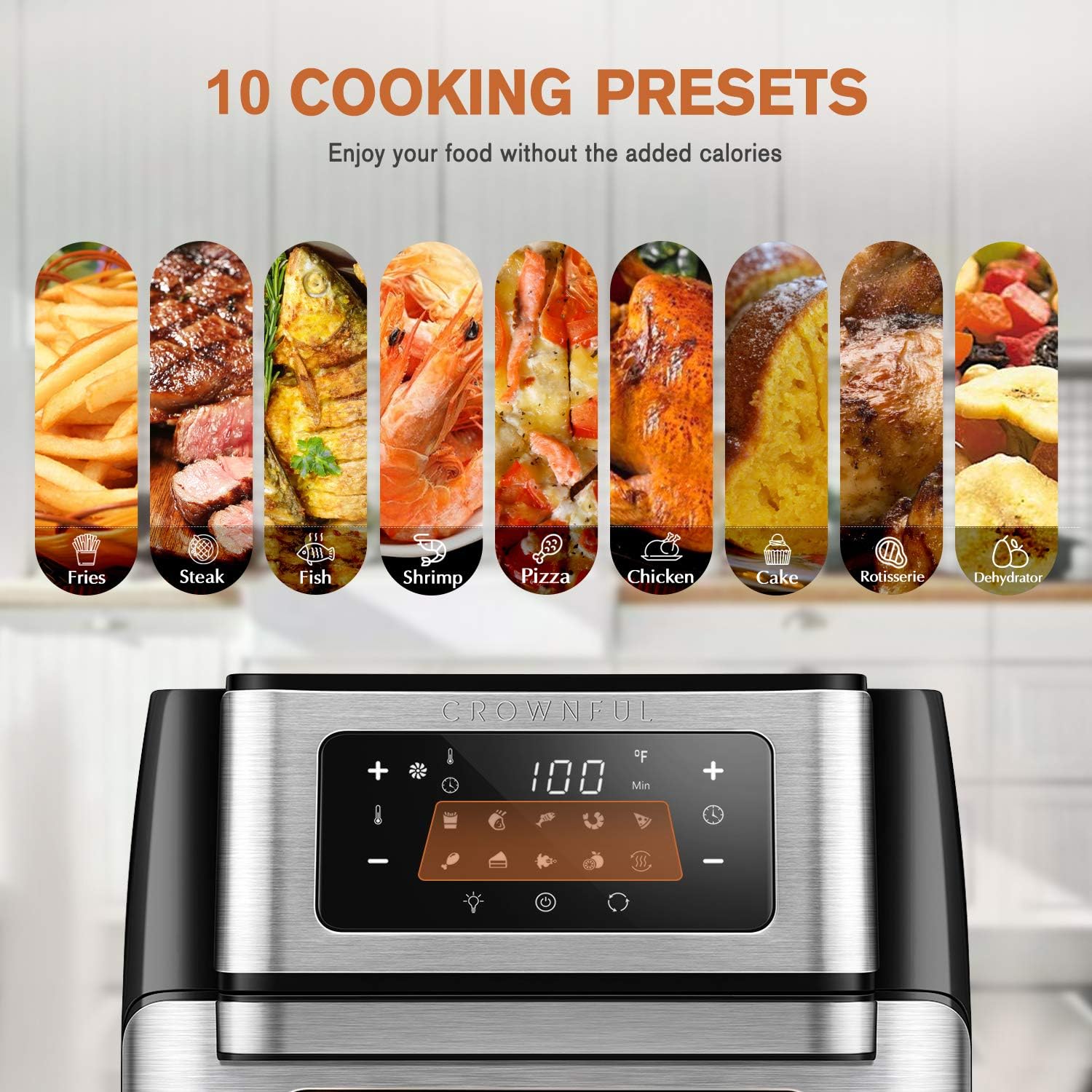 CROWNFUL 10.6 Quart Air Fryer, 10-in-1 Air Fryer Toaster Oven, Convection Roaster with Rotisserie and Dehydrator, Digital LCD Touch Screen, Accessories and Recipe Included