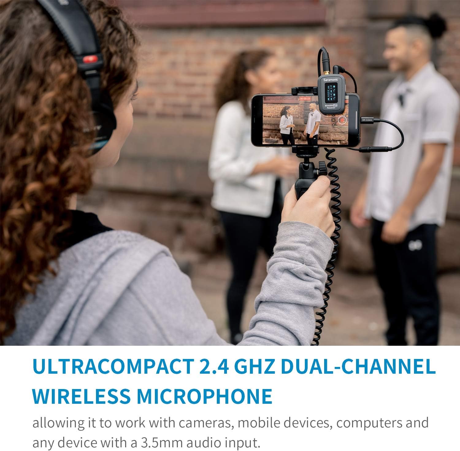 Blink500 PRO B2 Wireless Lavalier Microphone VLog, Saramonic 2.4GHz Dual-Channel Stereo Mic with Charging Case, OLED Display & 3.5mm Headphone Output for DSLR, Video Cameras, Smartphones, Tablets