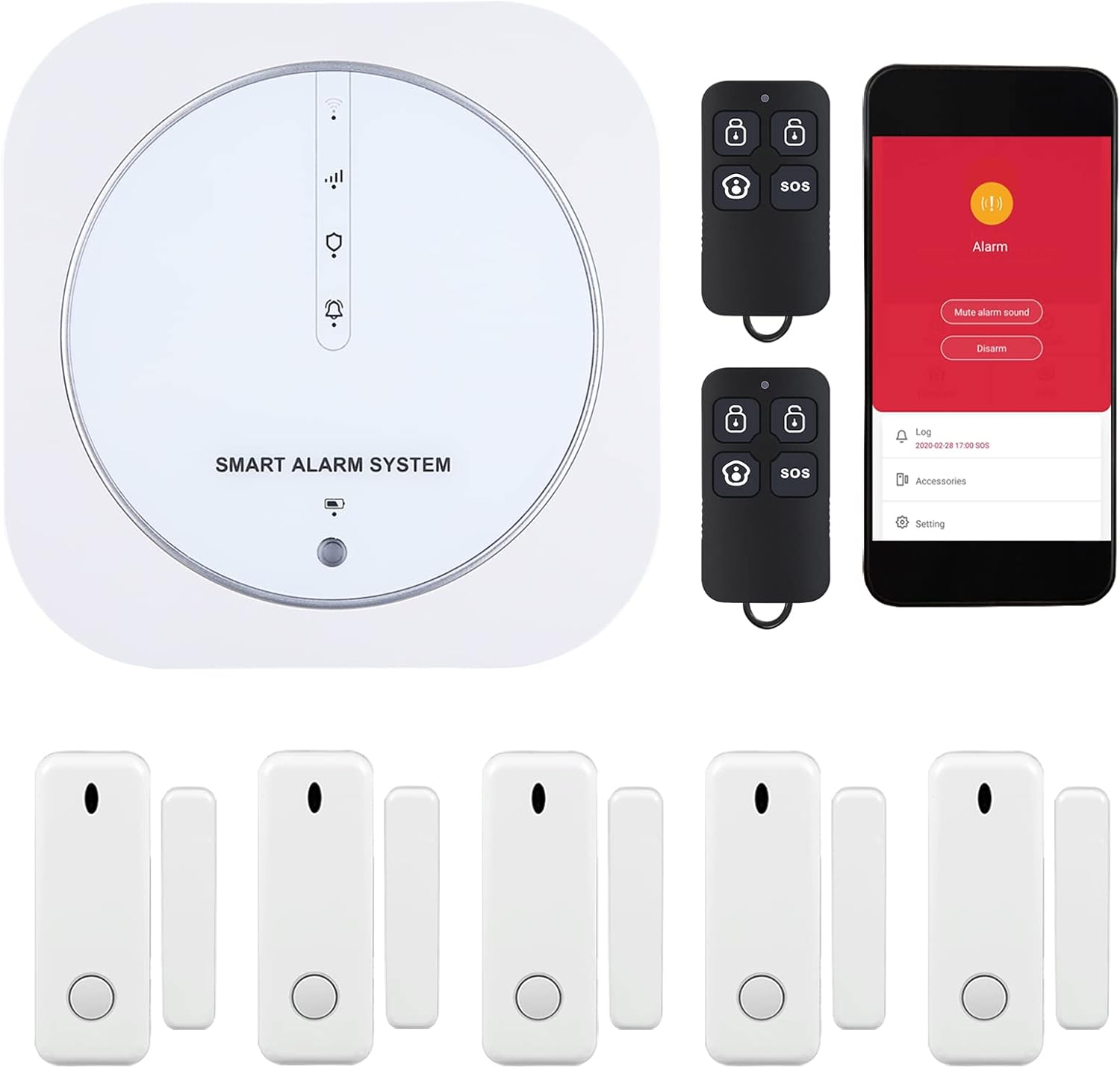 Alarm System for Home Security, HOIDURY Home Security System, WiFi Door Alarm, 8-Piece kit 1 Hub Station, 5 Door Window Alarm Sensors, 2 Remotes, Works with Alexa, for House Office Apartment Business. Pack of 2