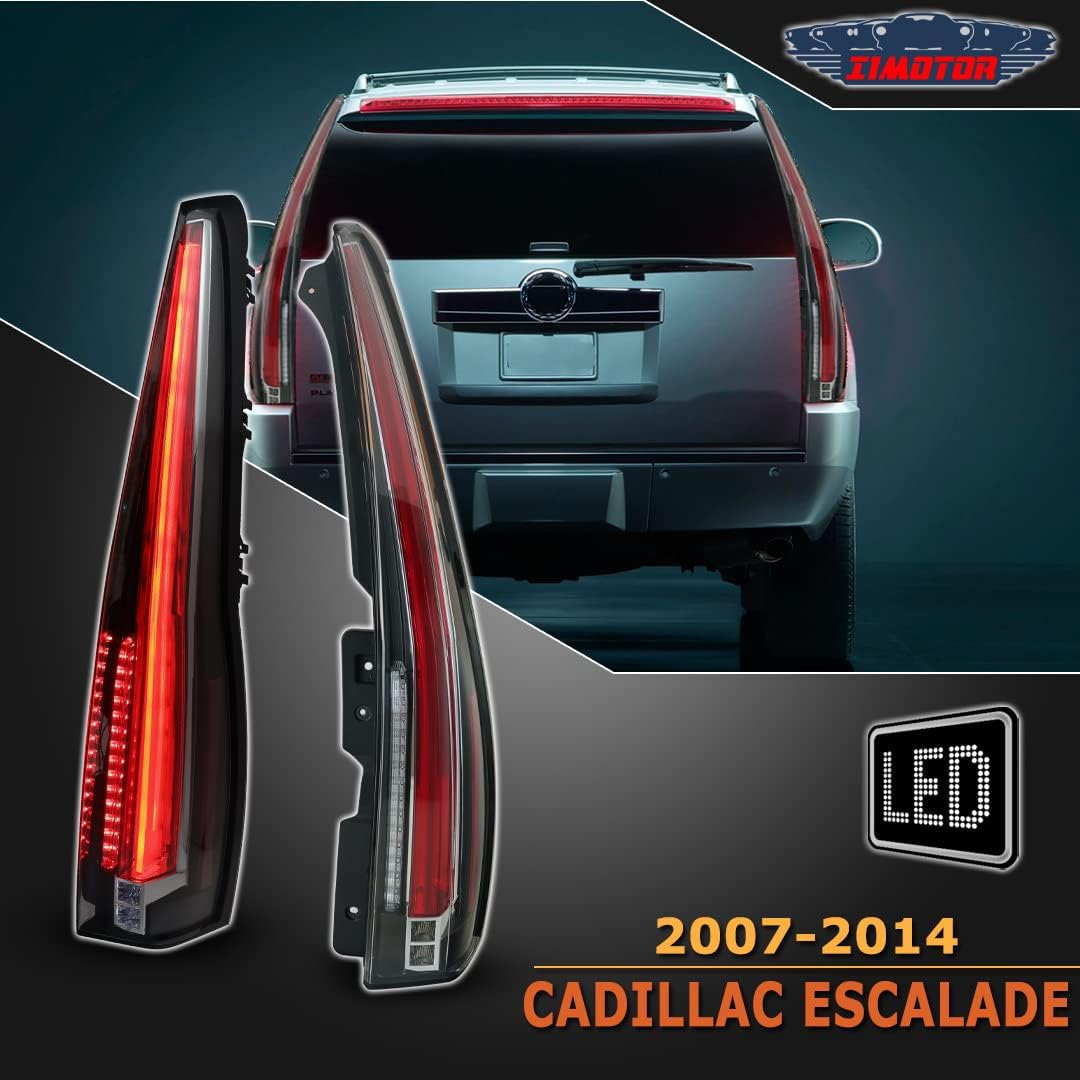 I1MOTOR Compatible with [2007 2008 2009 2010 2011 2012 2013 2014 Cadillac Escalade] With LED Tail Lights PAIR Black Red Housing/Clear Lens
