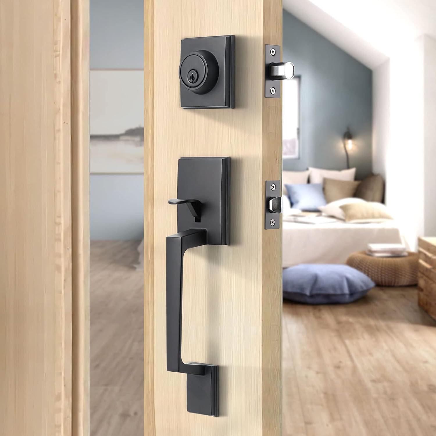 Natsukage Front Door Handle Double Door Lock Set Matte Black Entrance Handle Set with Dummy Heavy-Duty Adjustable Handle Sets with Deadbolt and Lever Handle Reversible for Right & Left Handed