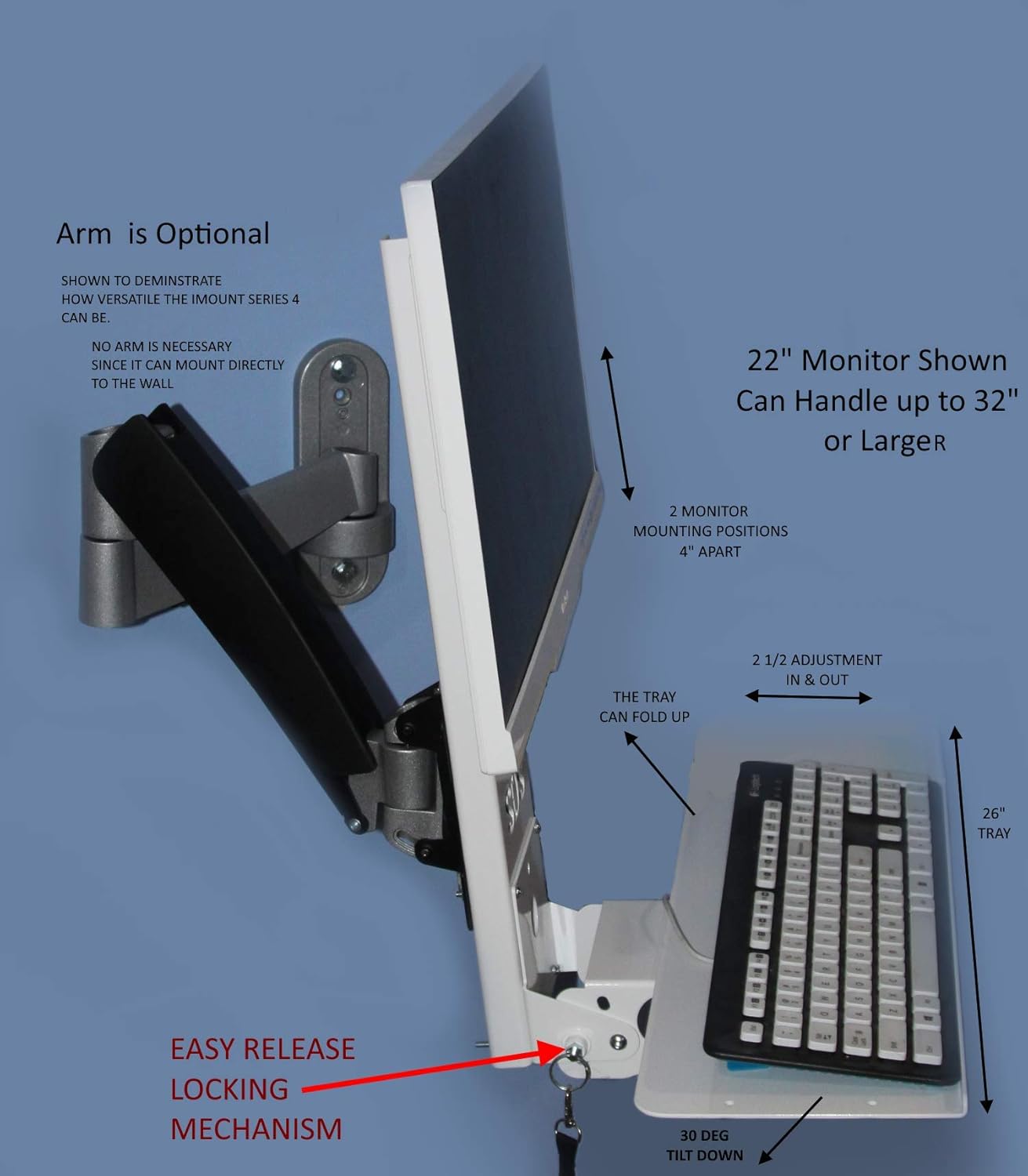 SDS iMount 4.0 Adjustable VESA Monitor & Keyboard Wall Mount System with Tilt & Fold-up, White, Small Foot Print, Workstation, Mounts Direct to Wall, Arm Not Included, 7 x 26 Inch Tray