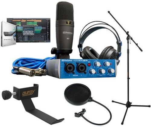 PreSonus AudioBox 96 Studio Recording Bundle (25th Anniversary Black) with Mic Stand, Headphone Holder & Pop Filter Kit