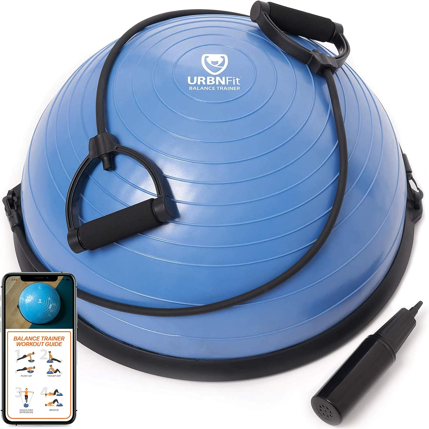 URBNFit Balance Ball - Half Yoga Ball Trainer for Core Stability and Full-Body Workout with Resistance Bands, Pump and Exercise Guide - Fitness & Home Gym Equipment﻿ Pack of 2