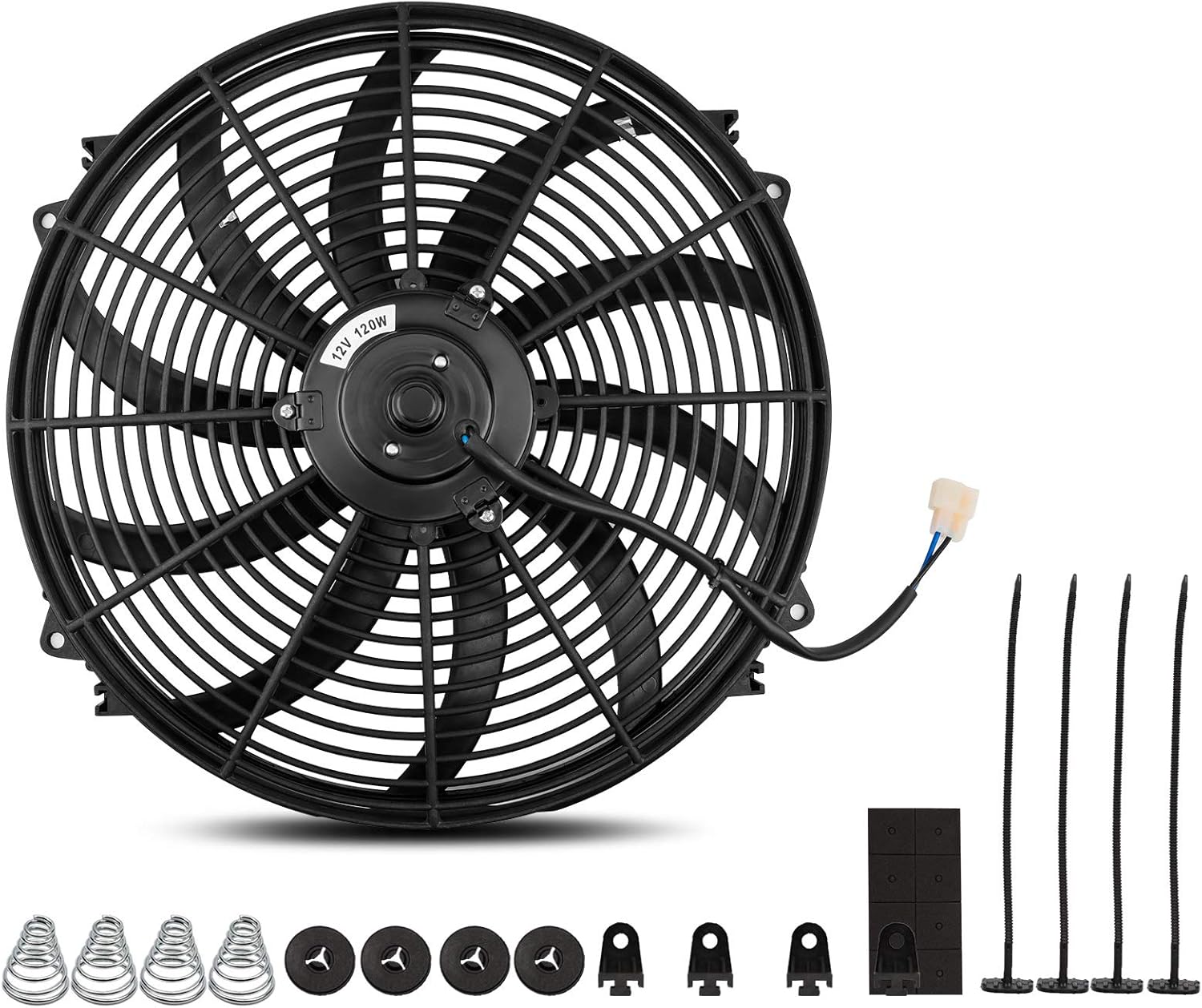 Universal High Performance Reversible 16 Inch Electric Engine Radiator Cooling Fan with Mounting Kit 2500 CFM 12 Volts 10 Amps 120 Watts Pack of 2