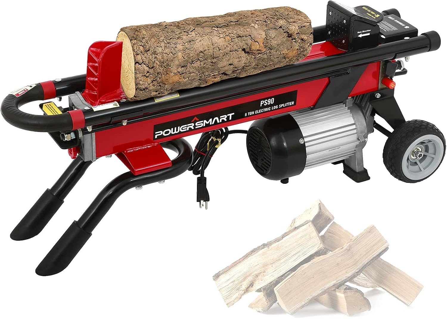 PowerSmart Log Splitter Electric, 6-Ton Hydraulic Log Splitter, 15 Amp Electric Log Splitter, Electric Wood Splitter, Horizontal Full Beam with Steel Wedge for Firewood Splitter Kindling Splitter