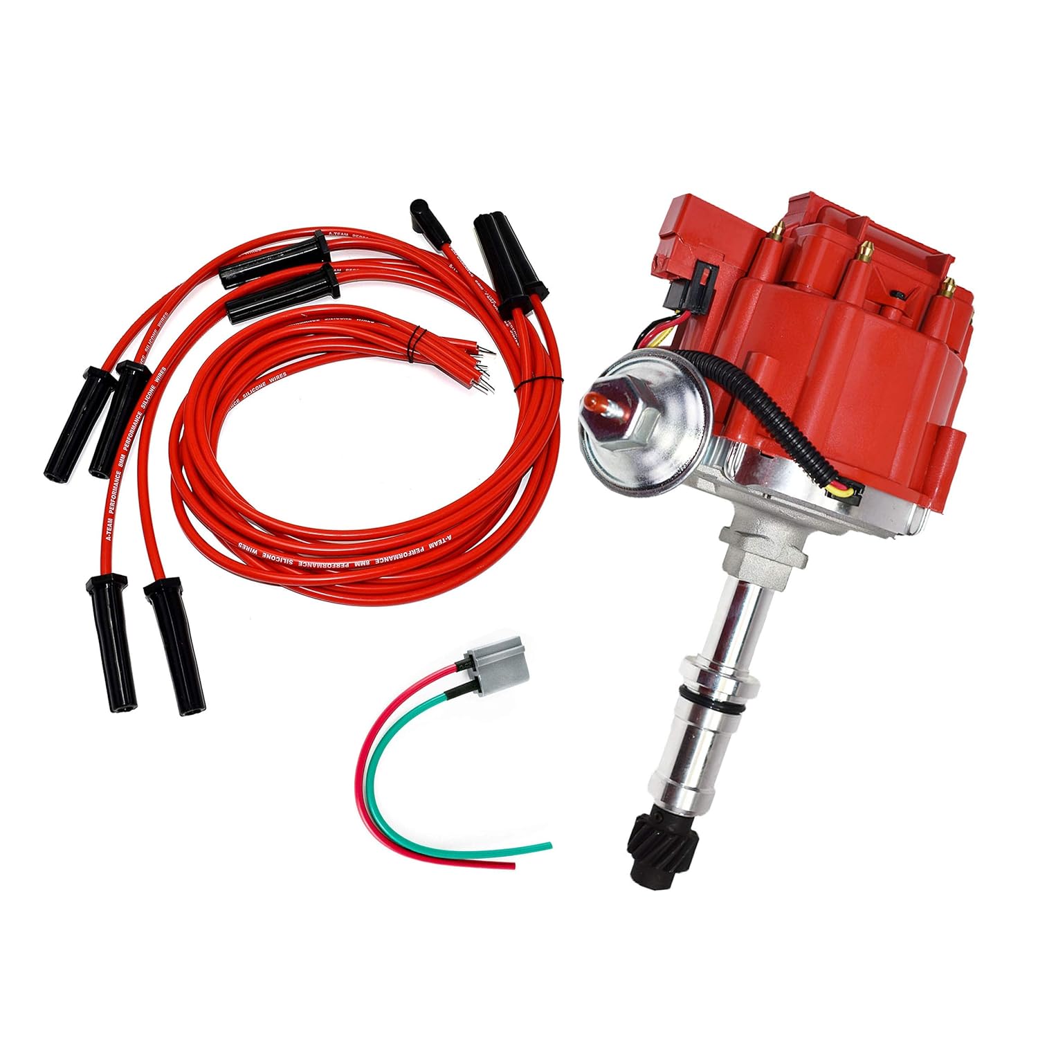 A-Team Performance - HEI Distributor, 8.0mm Spark Plug Wires, and Battery-Pigtail Harness Kit - Compatible with 1970-1974 Range Rover 215 Buick Small Block 215 340 350 Red Cap