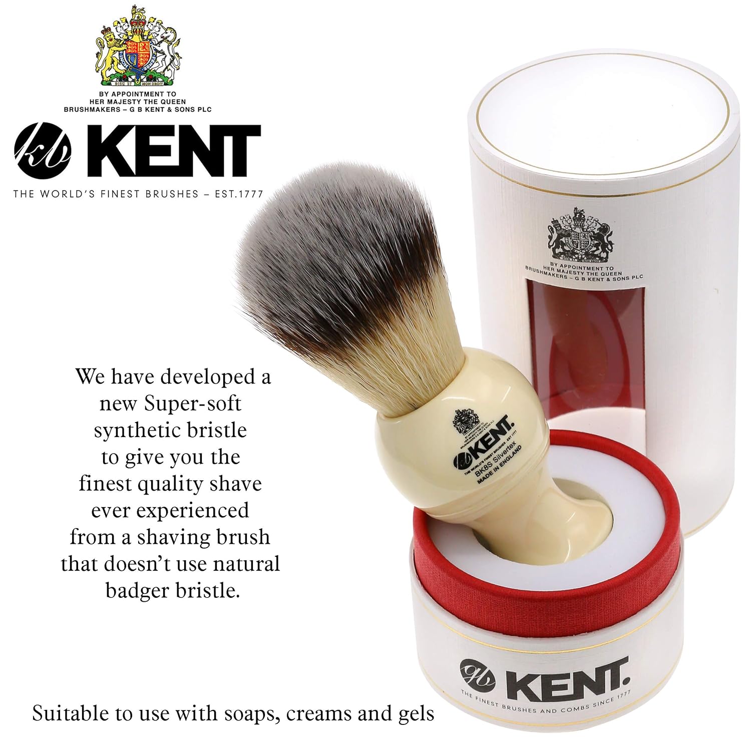 Kent BK8S Shaving Brush with Ultra-Soft Silvertext Synthetic Bristles and Faux Ivory Resin Handle to use with Shave Cream or Soap for a Perfect Lather. Luxury Shaving Since 1777, Made in England Pack of 2