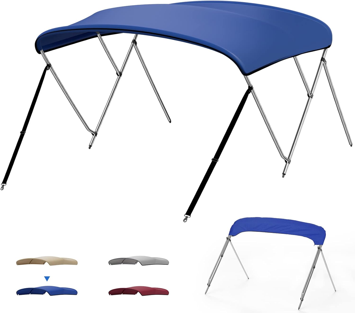 kemimoto Bimini Top for Boat, 3 Bow Bimini Top for Pontoon Jon Boat with 1 Inch Stainless Aluminum Frame, Boat Bimini Top with Rear Support Pole, Boat Accessories