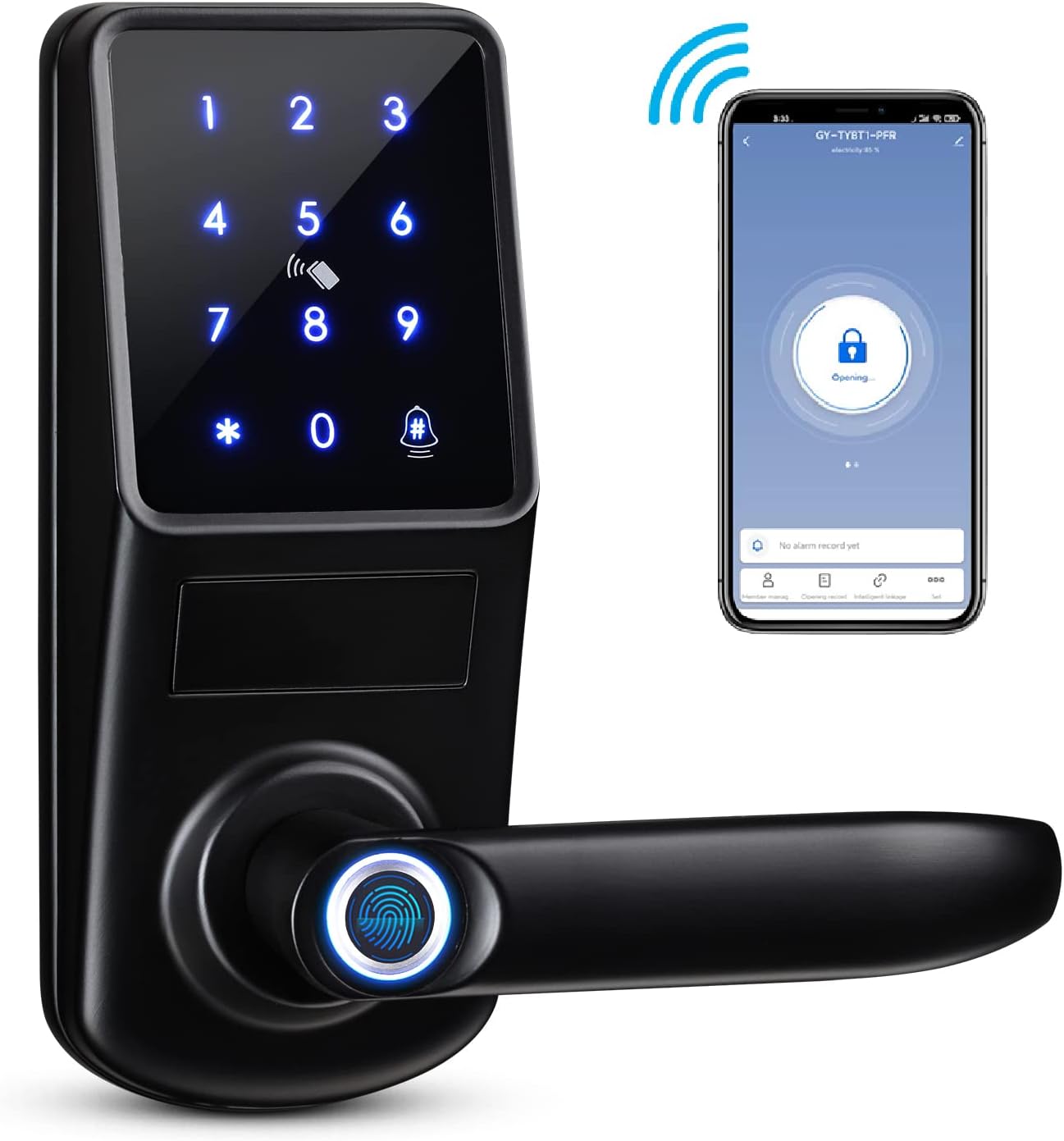 LOQRON Smart Fingerprint Door Lock, Security Keyless Entry Door Lock with Reversible Handle, Bluetooth Electronic Deadbolt Lock, Smart App Control, Anti-Peep Digital Door Lock for Home Office - Black