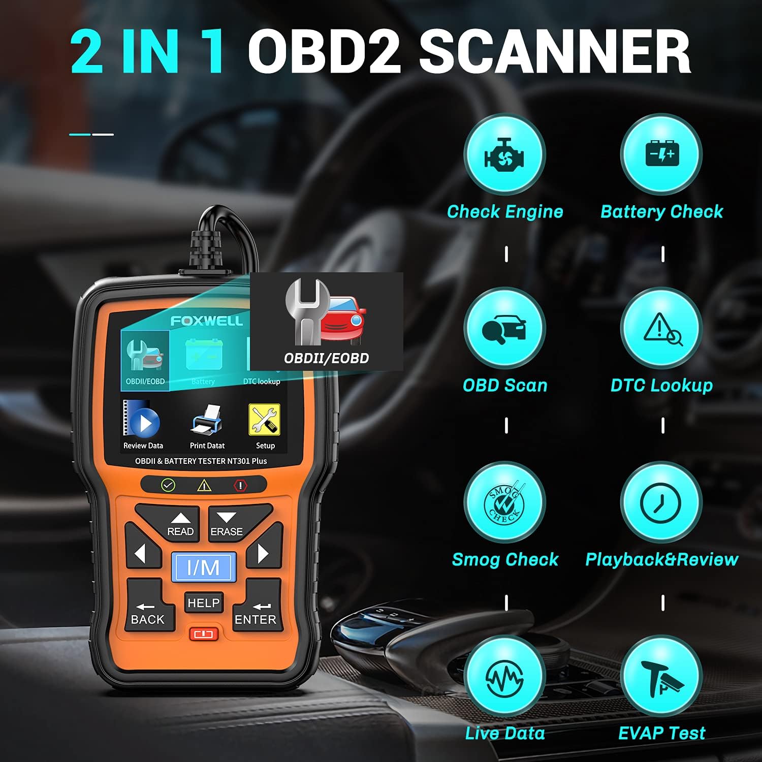 FOXWELL NT301 Plus OBD2 Scanner with 12V Battery Tester, 2 in 1 Enhanced OBDII Check Engine Code Reader Scan Tool