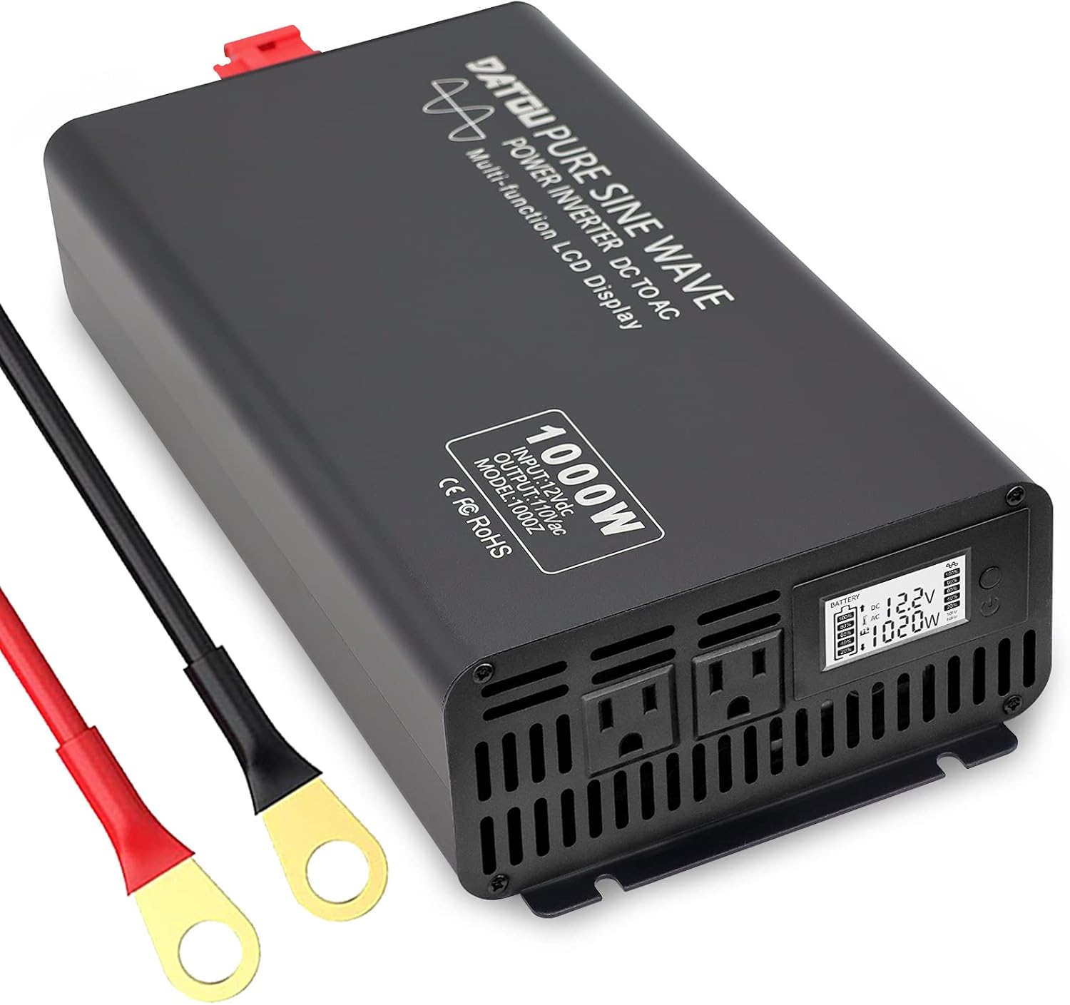 Pure Sine Wave Power Inverter 1000W 2000W Converter DC 12V to 110V 120V AC 60Hz with 2 AC Outlets LCD Display for Home Solar System RV Car Inverter