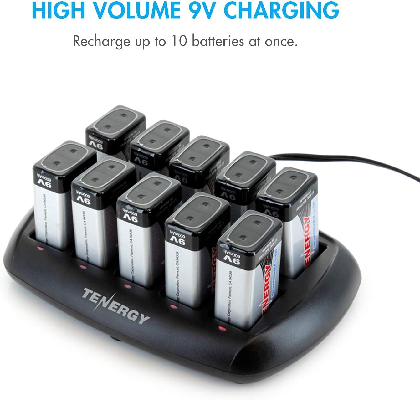 Tenergy 9V Batteries 600mAh 10PCS Li-ion 9 Volt Rechargeable Batteries with 10-Slot Li-ion 9V Battery Charger for Smoke Alarm/Detector Pack of 2