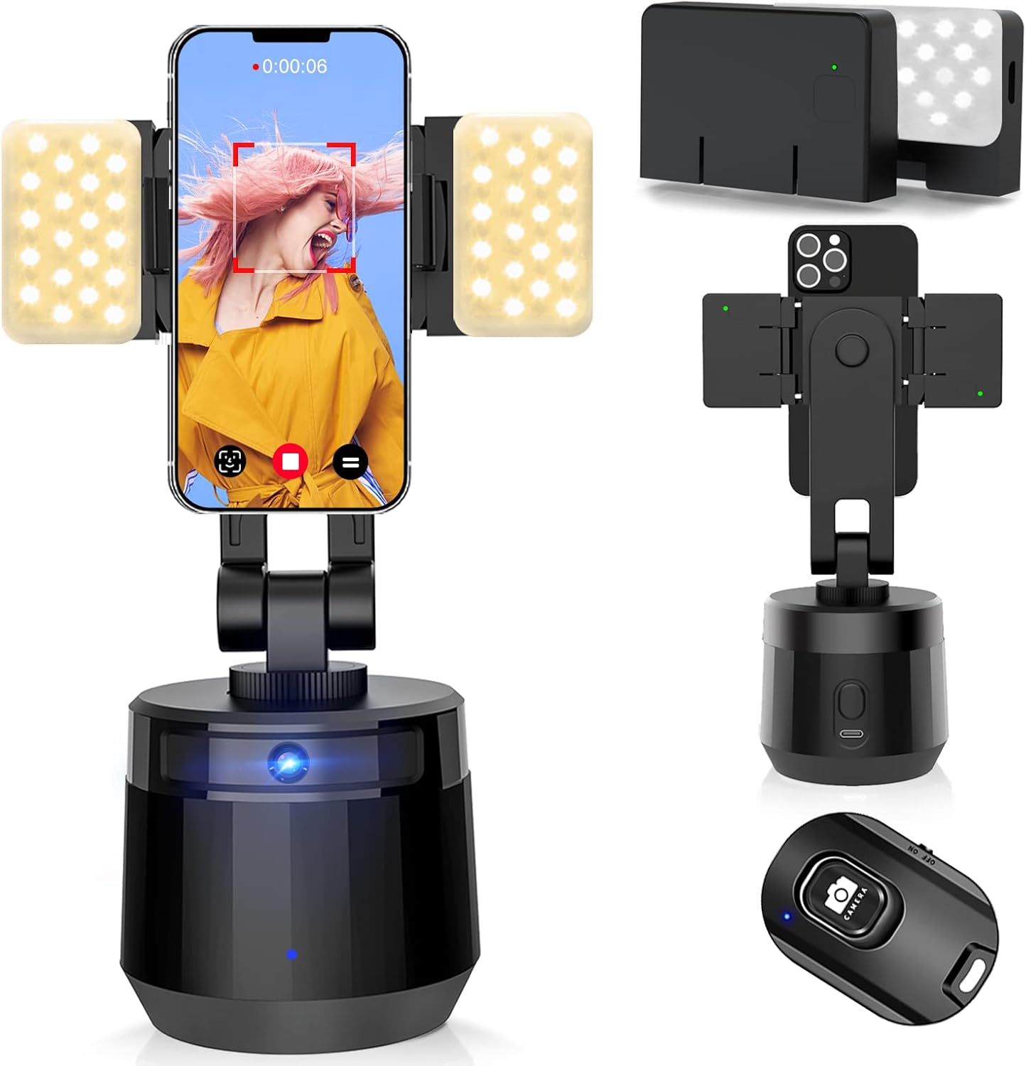 YENDILI Smart Auto Face Tracking Phone Holder with Remote, No APP, Fast Selfie Stick 360 Rotation Camera Stand with Fill Light, Tracking Tripod Phone Gimbal Stabilizer with 2000mAh Battery for Vlog Pack of 2