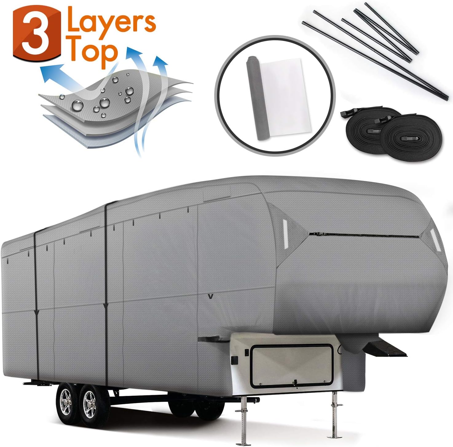 XGEAR Easy Setup 5th Wheel RV Cover Thick 3-Ply Top Panel - Ripstop Waterproof with a Pair of Assist Steel Pole (26'-29')