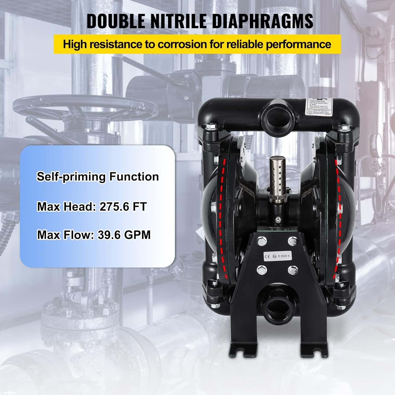 Happybuy Air-Operated Double Diaphragm Pump 1 inch Inlet Outlet Aluminum 35 GPM Max 120PSI, Nitrile Diaphragm, QBY4-25L-1inch-35
