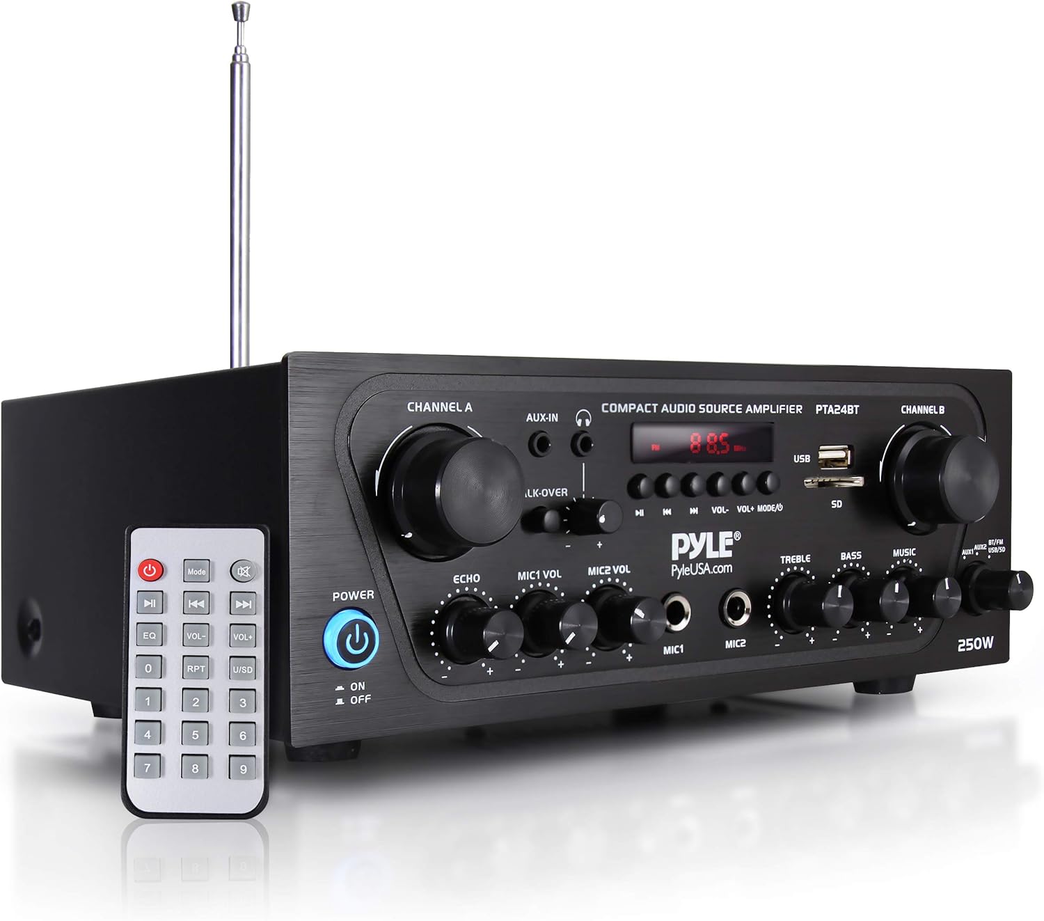 Wireless Home Audio Amplifier System - Bluetooth Compatible Sound Stereo Receiver Amp - 6 Channel 600Watt Power, Digital LCD, Headphone Jack, 1/4'' Microphone IN USB SD AUX RCA FM Radio - Pyle PTA66BT