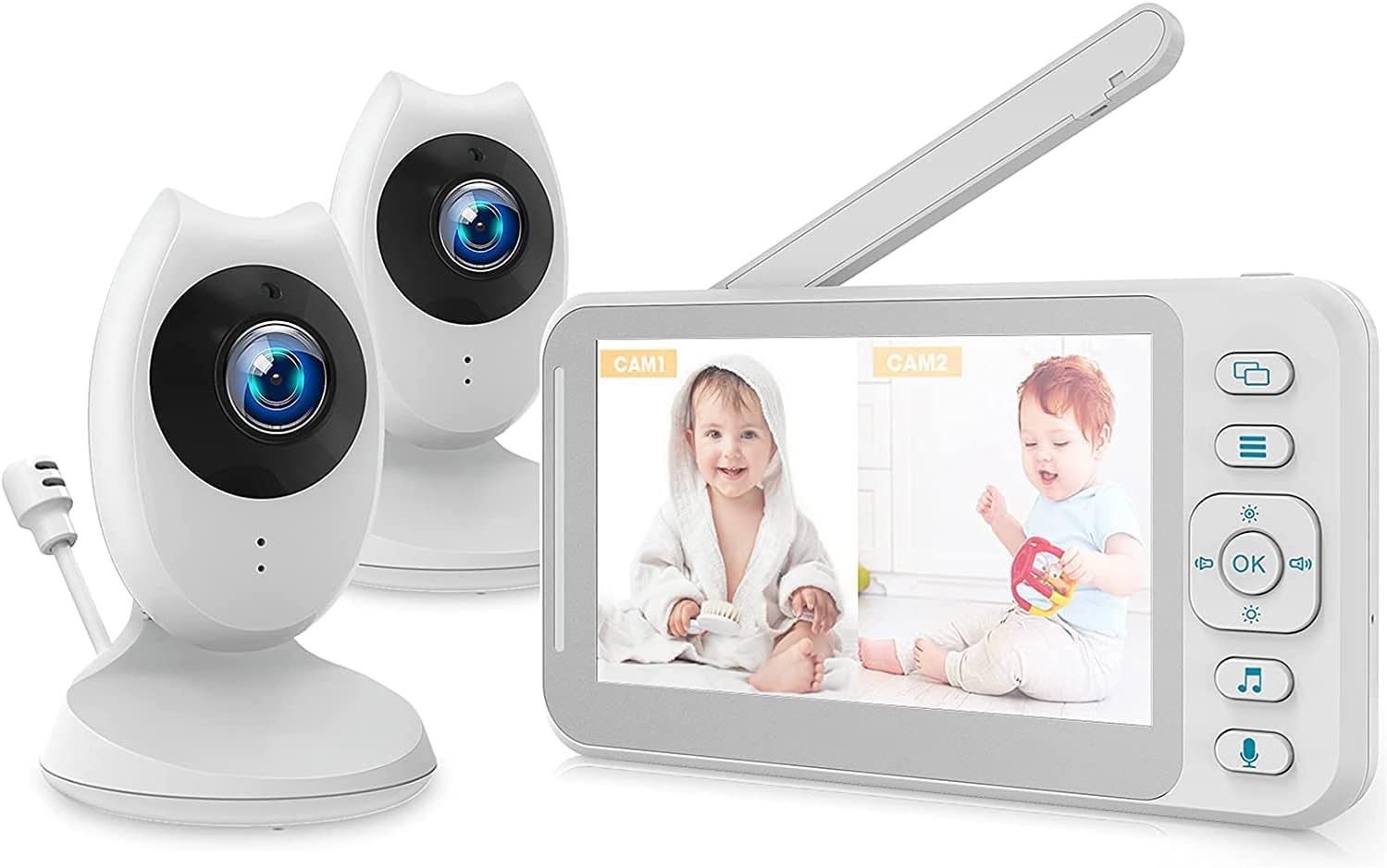 CAMPARKCAM Video Baby Monitor with 2 Cameras and 4.3inch LCD Split Screen, Baby Monitor with Camera and Audio, Infrared Night Vision, Two-Way Talk, Temperature Display, 8 Lullabies and VOX Mode