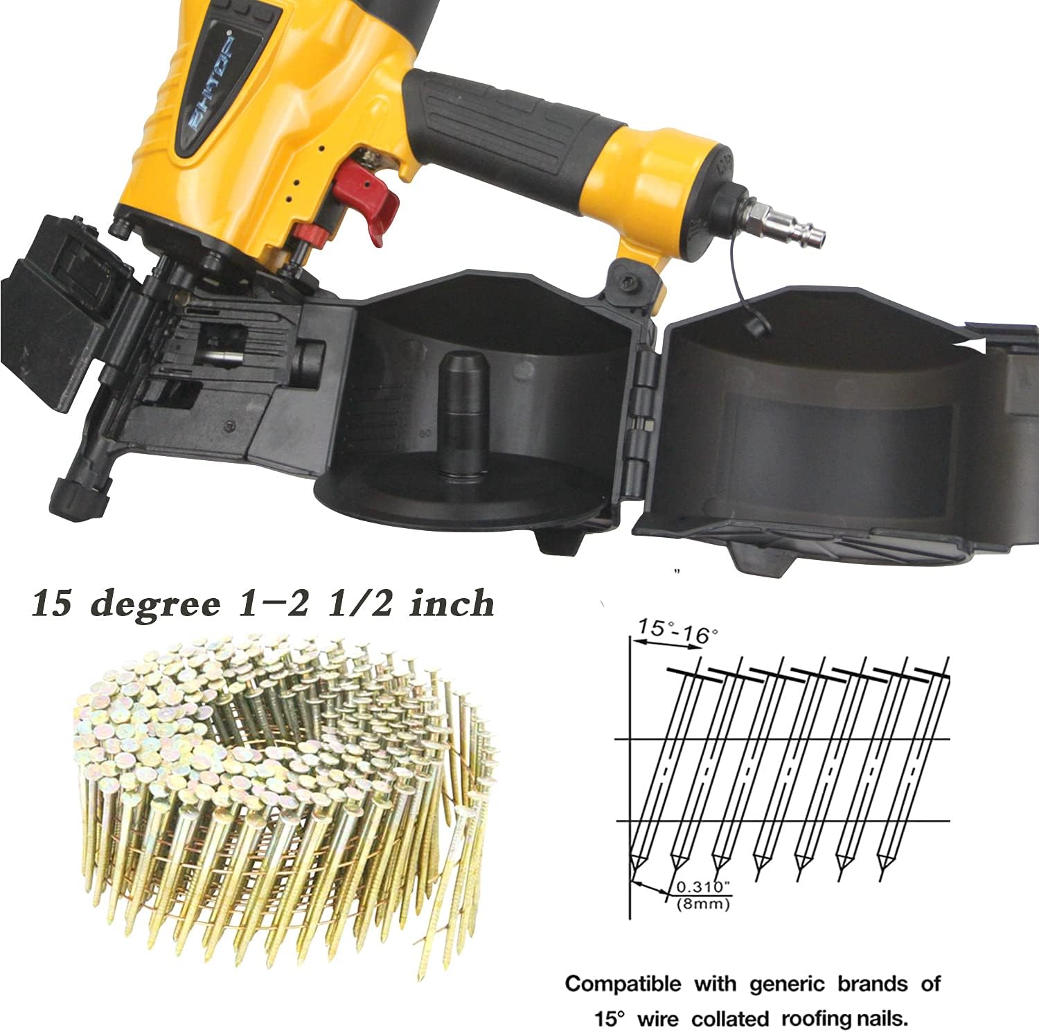 BHTOP 15-Degree Coil Siding Fencing Nailer 1 1/4-inch to 2-1/2-Inch for Siding, Fiber Cement, Fencing