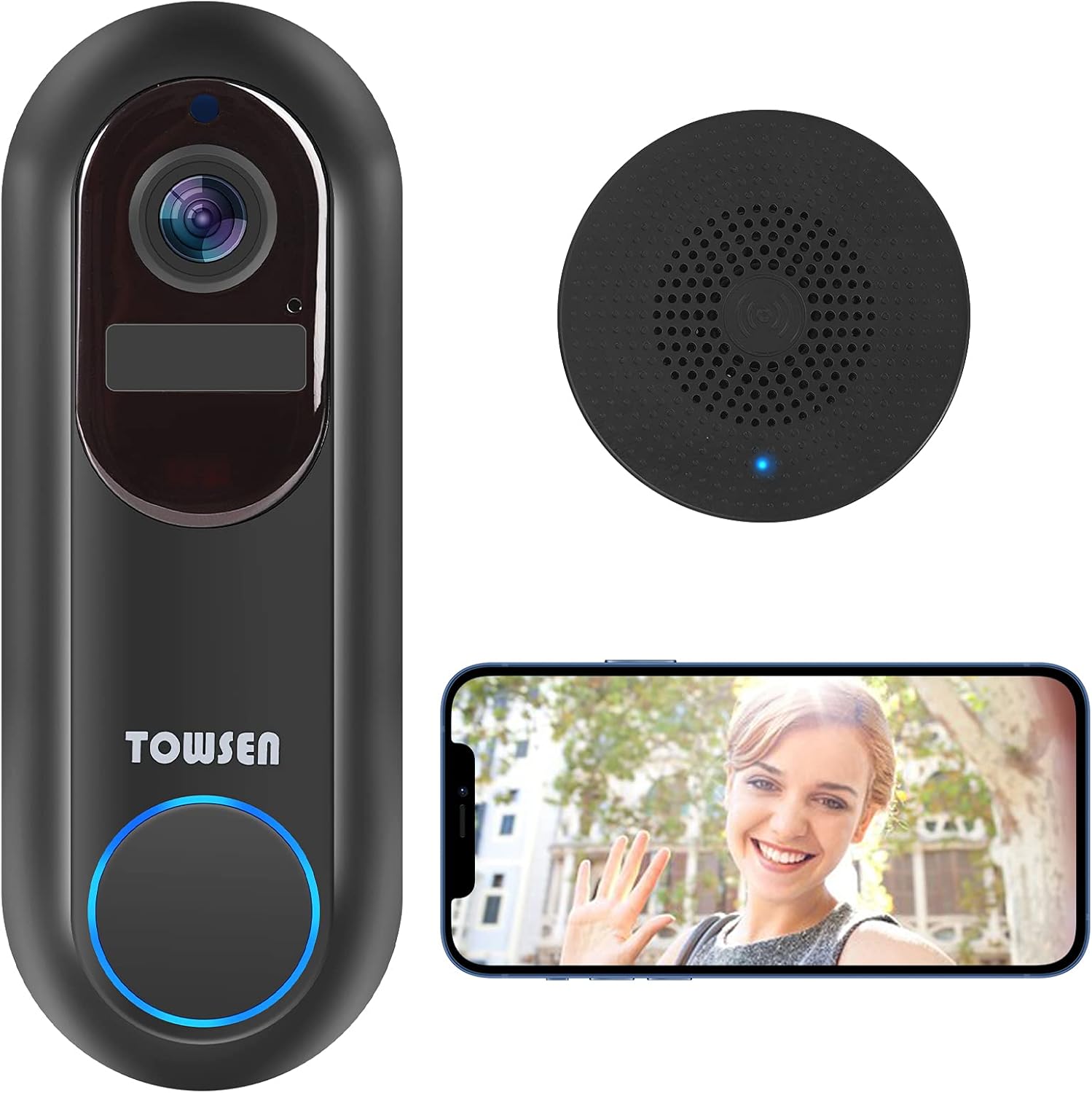 TOWSEN Video Doorbell Camera,1080P Wireless Doorbell Home Security Camera with Chime,PIR Motion Detector Alert,166°Wide Angle,Night Vision,Long Standby Smart Home Device Pack of 2