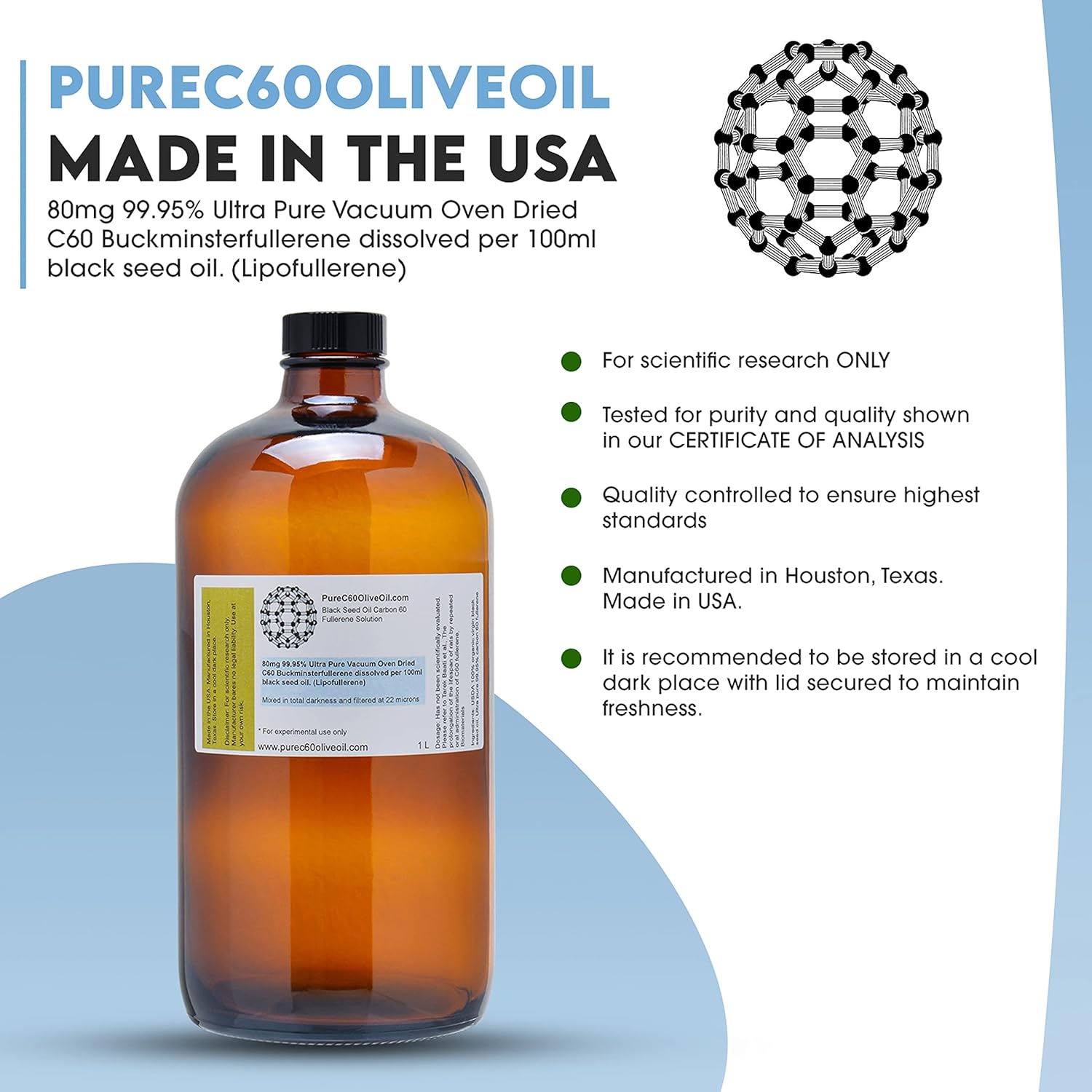 C60 Black Seed Oil 1L / 33.8 Fl Oz - 99.95% Carbon 60 Solvent Free 800mg - Amber Glass Bottle - Third Party Tested - Carbon 60 Black Seed Oil - from The Leading Global Producer