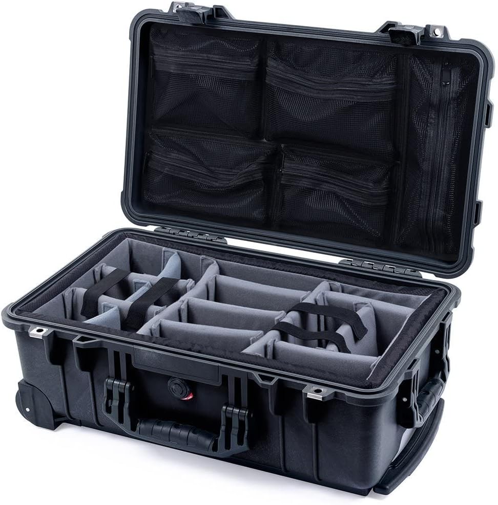 Black Pelican 1510 Case with Grey Dividers & mesh lid Organizer. Carry-on on Size.