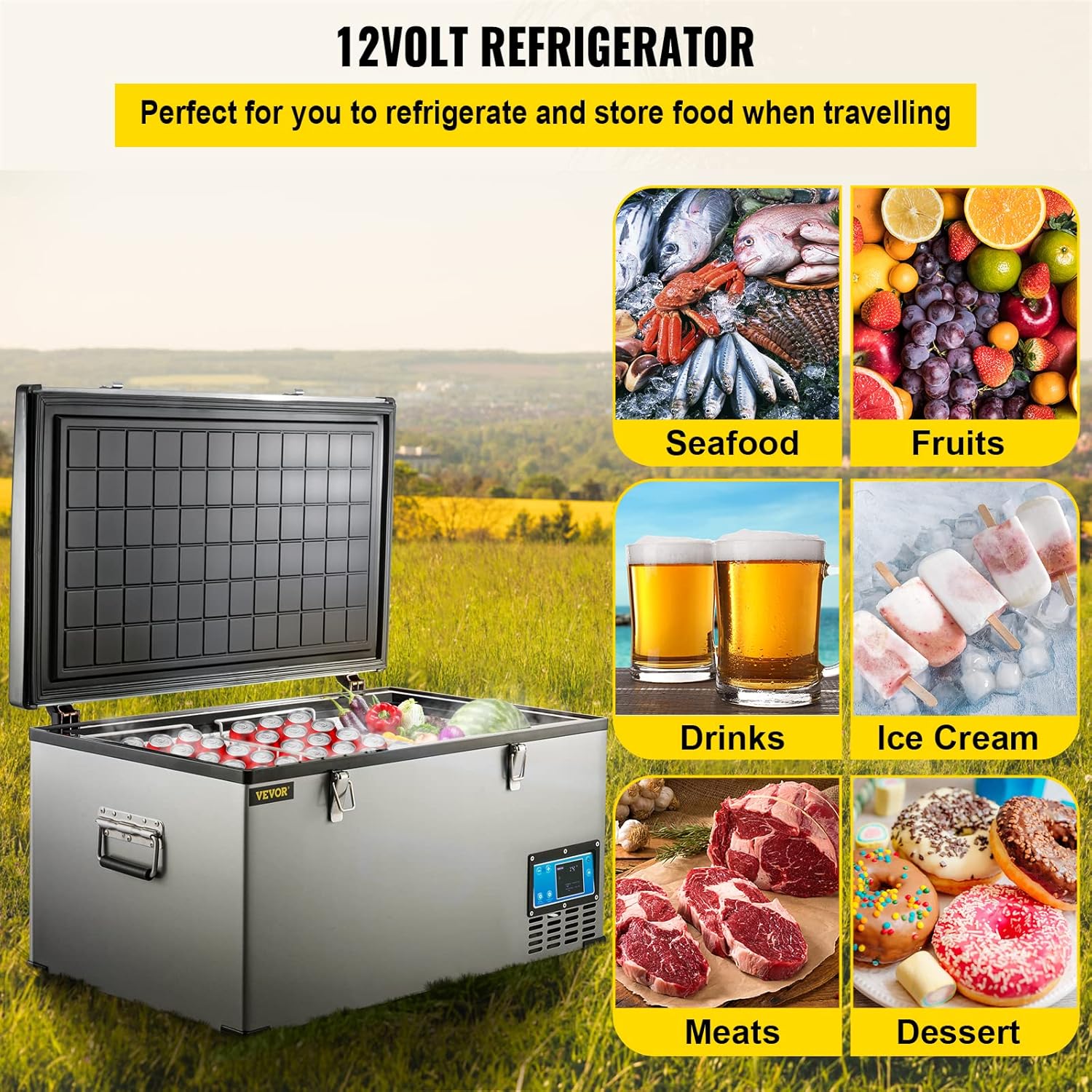 VEVOR Portable Refrigerator 90 Quart, 12 volt Refrigerator with Compressor and App Control, Metal Shell Chest Refrigerator, -4℉ to 68℉, DC 12/24V, AC 110-240V（Home & Car Use）