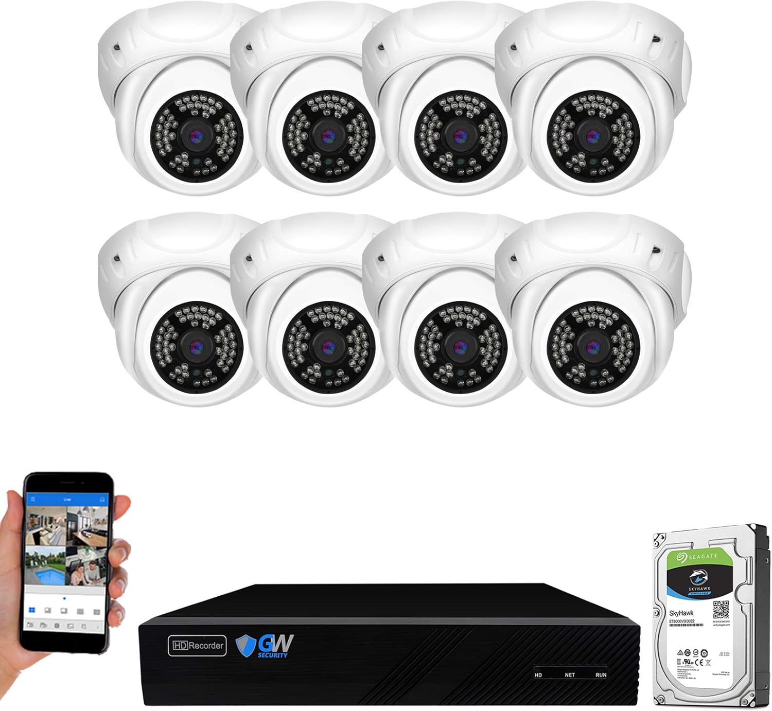 GW Security 8 Channel 4K NVR 5MP H.265 IP Surveillance Security Camera System with 8-Piece Super HD 1920P Weatherproof Video & Audio PoE Security Dome Cameras