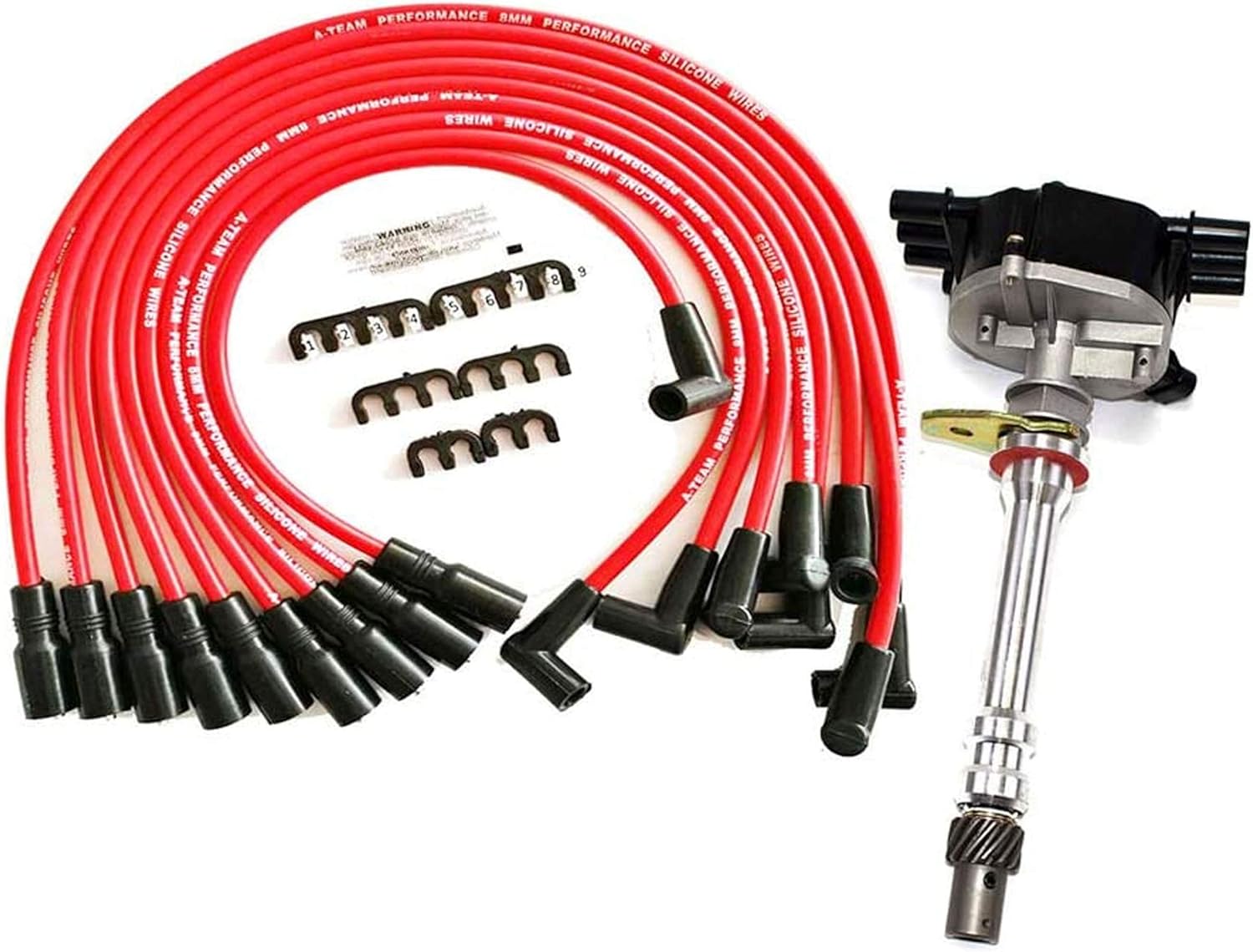 A-Team Performance - Complete EFI Distributor Black Cap 6 Cylinders Vortec 1995-2007 with Red Silicone Spark Plug Wires Set 2-in-1 Kit - Compatible with Chevy GM Chevrolet V6 4.3L Pack of 2