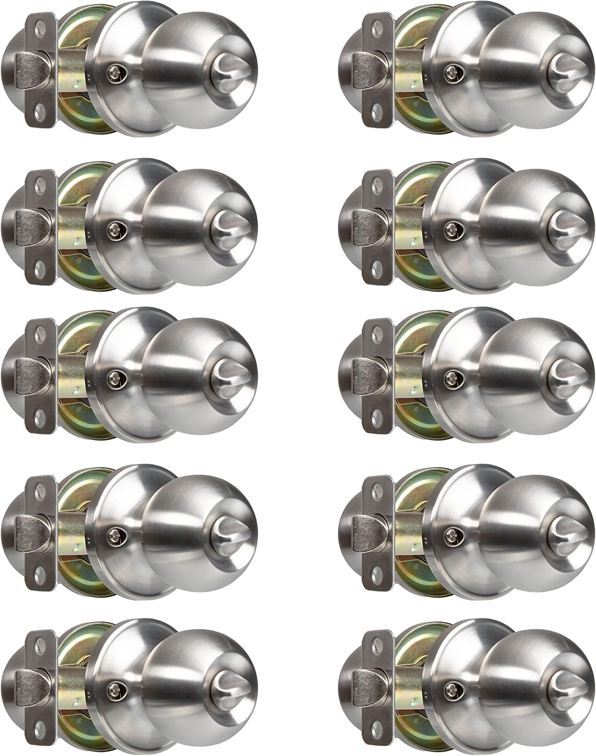 Crutello Keyless Privacy Door Knob for Bedroom or Bathroom - Ball Style, Satin Nickel Interior Turn Thumb Locking Door Handle, Pack of 6 Pack of 2