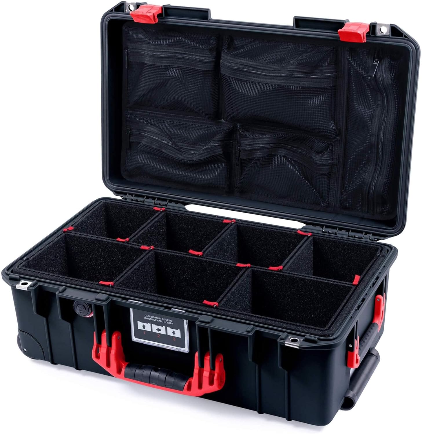 Black Pelican 1535 Air case with red Handles & latches. Comes with TrekPak Dividers & mesh lid Organizer.