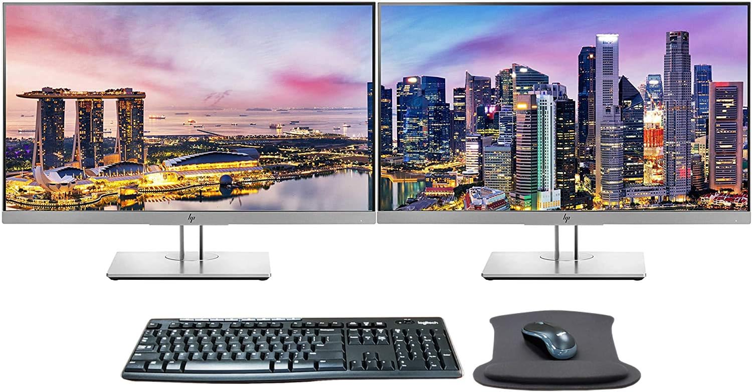 HP EliteDisplay E243 24 Inch 1920 x 1080 (1FH47A8) Full HD IPS LED-Backlit LCD 2-Pack Monitor Bundle with HDMI, VGA, DisplayPort, MK270 Wireless Keyboard and Mouse Combo, and Gel Mouse Pad