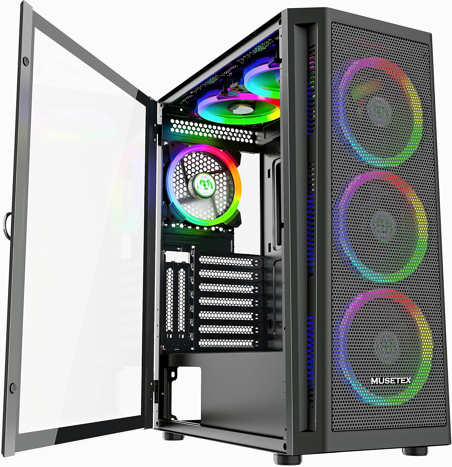 MUSETEX Mid-Tower ATX PC Case with 6pcs 120mm ARGB Fans, Mesh Computer Gaming Case, Opening Tempered Glass Side Panels, USB 3.0 x 2, Black, TW8-S6-B