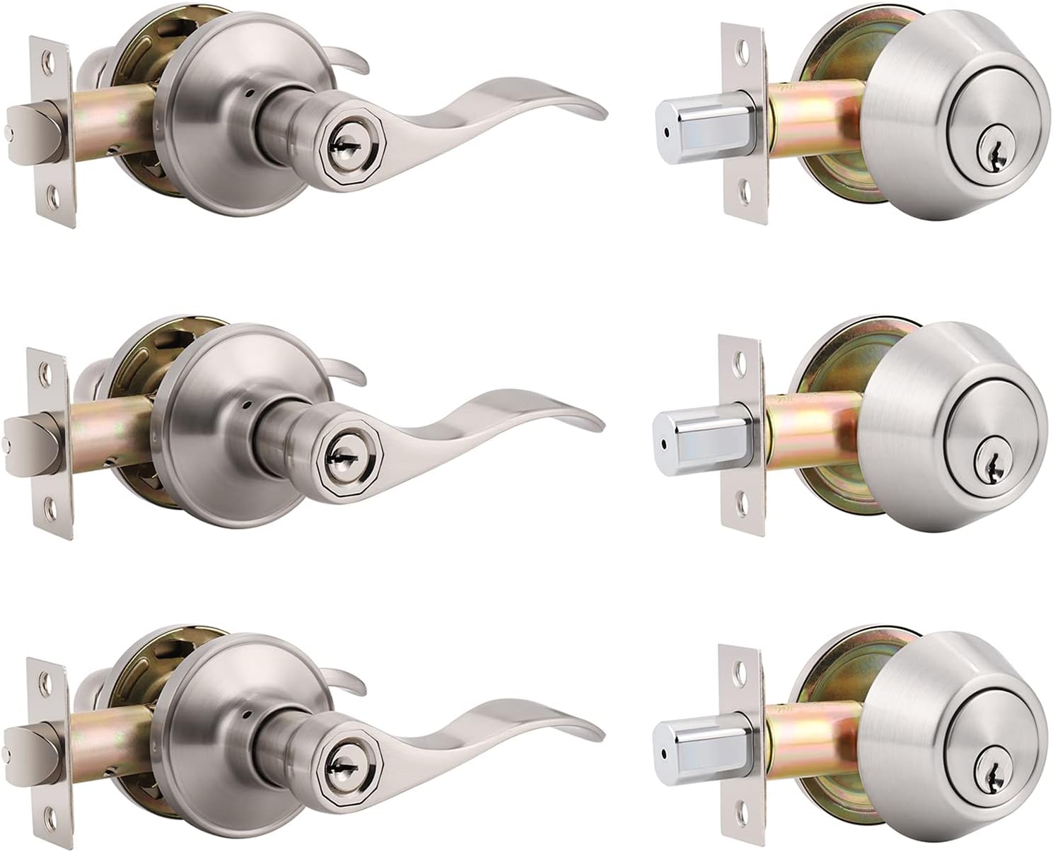 3 Pack Wave Entry Door Levers and Single Cylinder Deadbolt Combination Set, Satin Nickel Finish, Keyed Alike Entrance Door Lock with Deadbolt, Universal for Right and Left Handed Doors