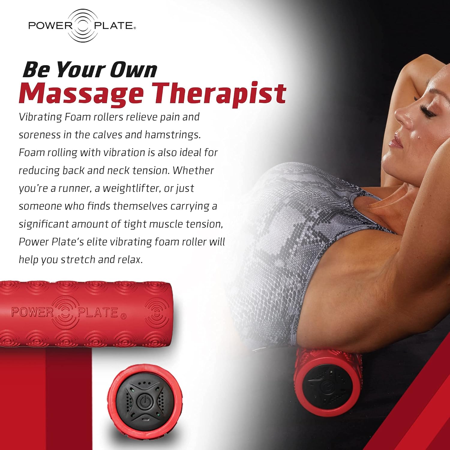 Power Plate Roller, Textured Vibrating Massage Roller, USB Rechargeable, 4 Hour Battery Life, Red