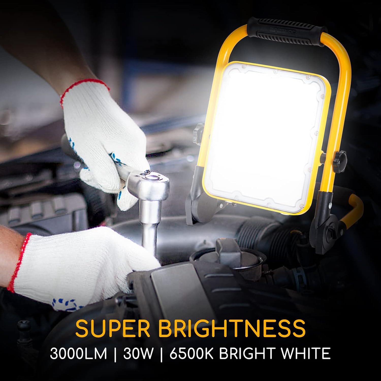 AIGOSTAR Rechargeable LED Work Lights, 3000LM, 360°Rotation, IP65 Waterproof 30W Portable Work Light with Stand for Mechanics, Cordless Construction Lights, Garage, Emergency and Job Site Lighting Pack of 2