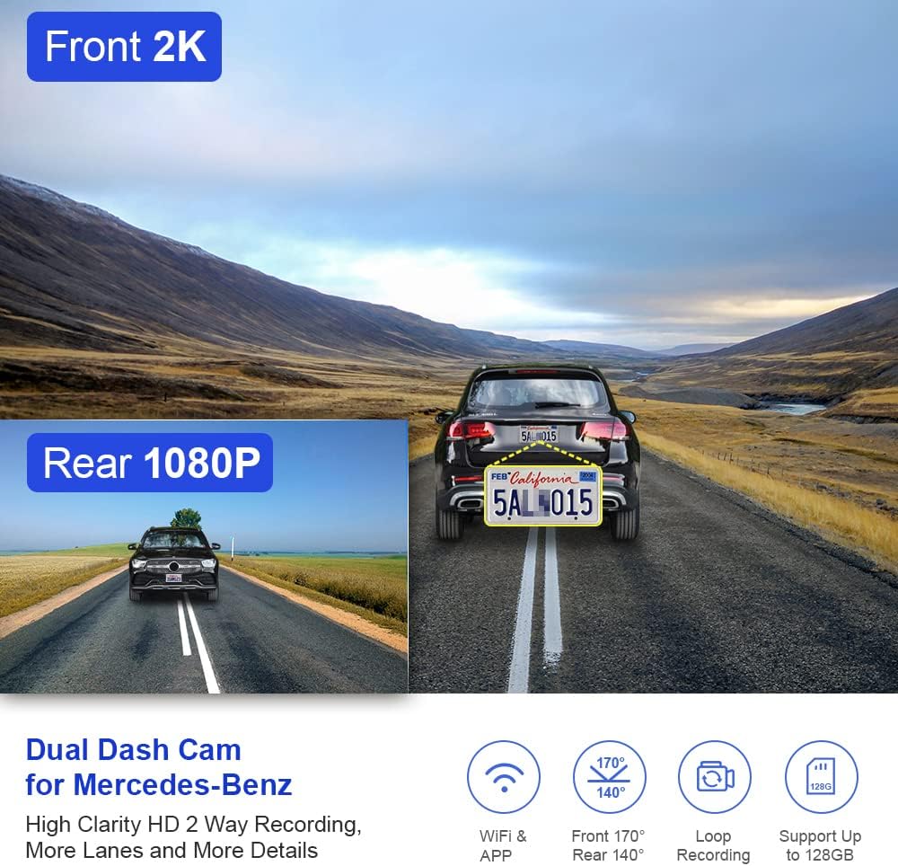 Dash Cam Front and Rear for Mercedes-Benz A C E Class CLS CLA GLA GLB GLC GLE GLS AMG, Fitcamx OEM Style Driving Recorder, Dual 1440P +1080P, HD Car Video WiFi, G-Sensor, Factory Look, with 64GB Card