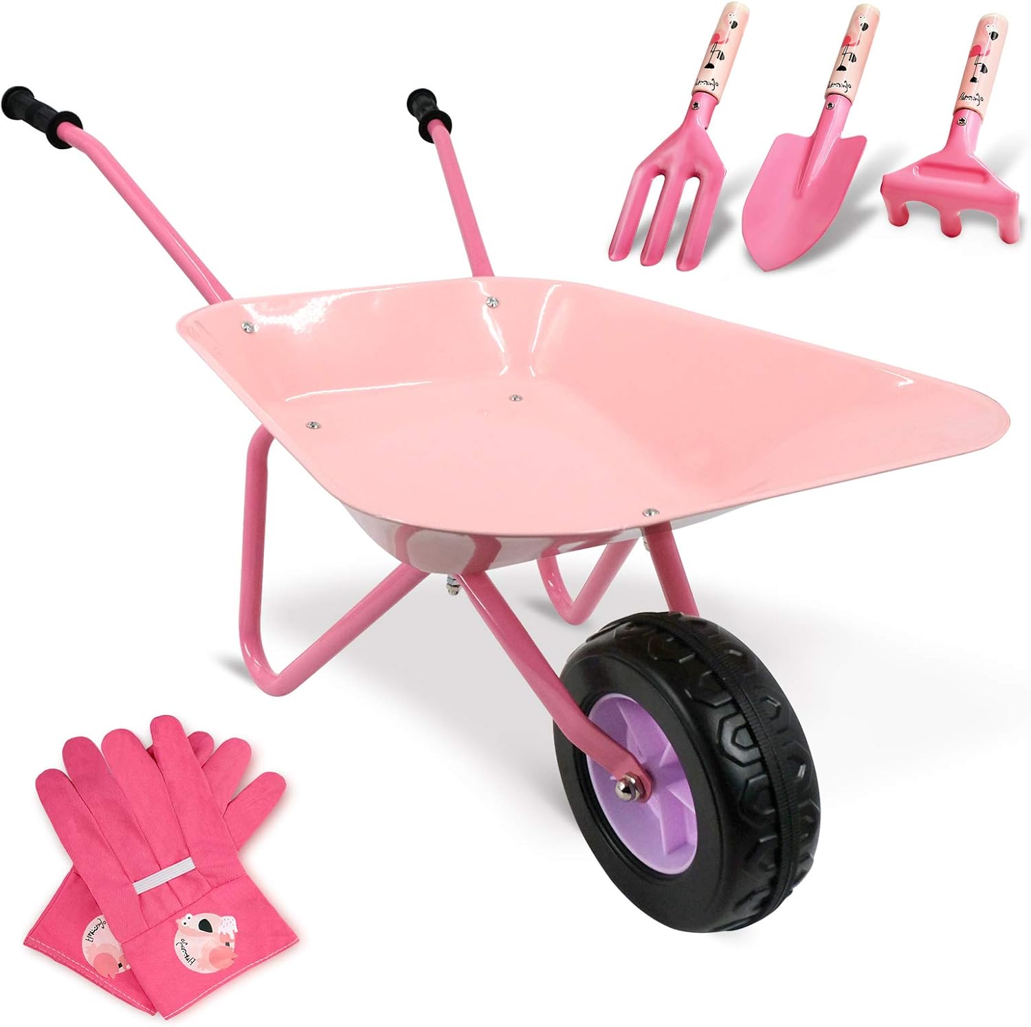 Altdorff Kids Wheelbarrow Set Metal, Child Wheel Barrel Pink Easy to Assemble and Garden Tools Kit Include Hand Rake, Shovel and Mini Rake, Kid Garden Glove Pack of 2