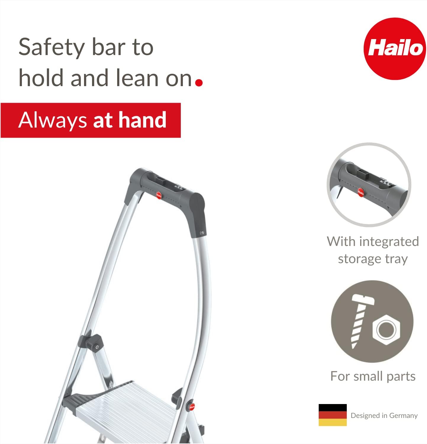 Hailo LivingStep Comfort Plus | Aluminum folding stepladder | Three extra large steps | Stepladder with high curved safety bar and storage tray | Soft-grip base | Rustproof | Silver