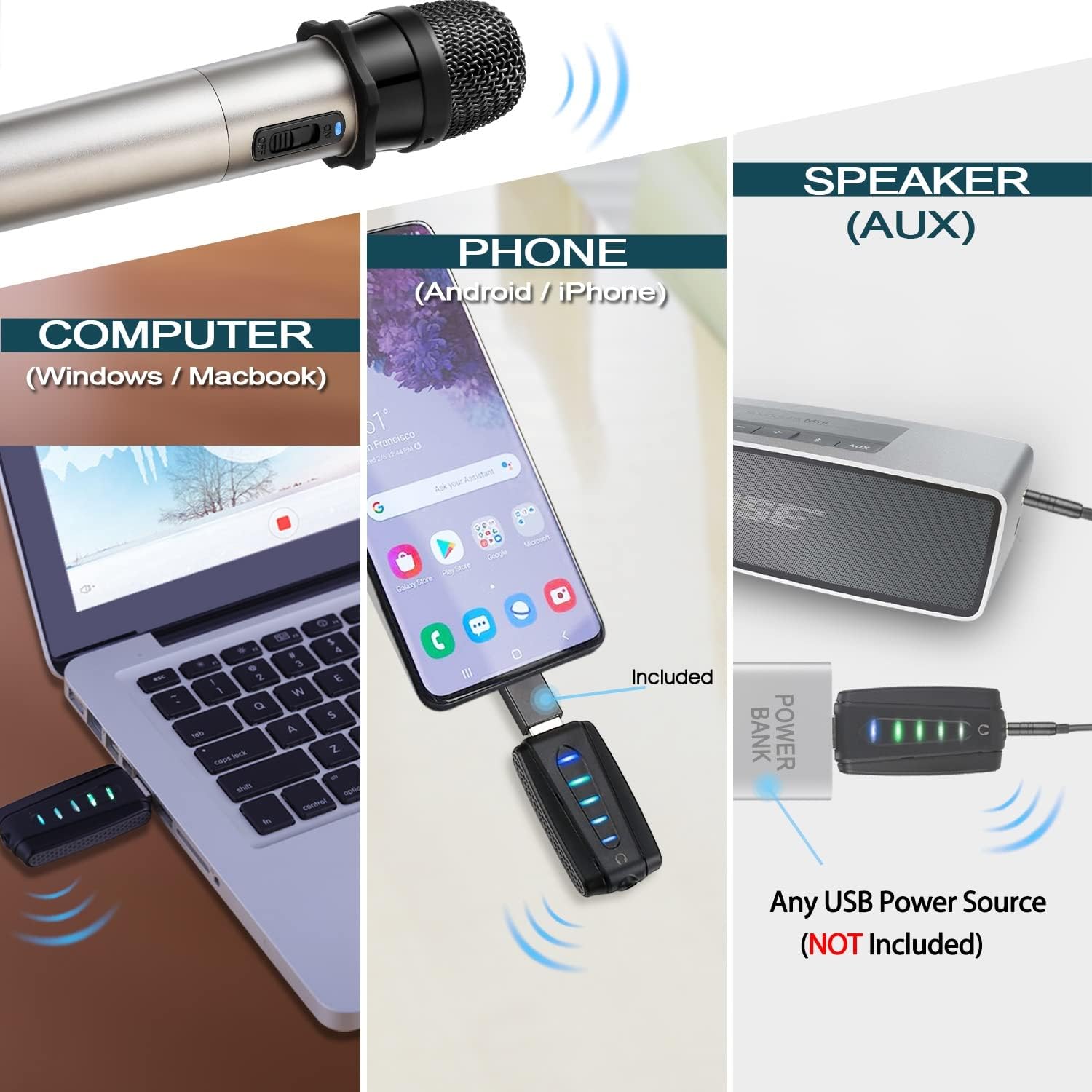 USB Wireless Microphone, Alvoxcon UHF Condenser mic for Android, PC Computer, Laptop, PA, Podcasting, Vlogging, YouTube, Vocal Recording, Gaming, Singing Practice (System with USB Receiver) Pack of 2
