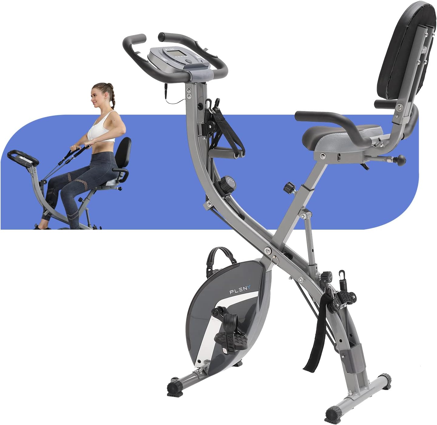 PLENY Foldable Exercise Stationary Bike Workout, 5-In-1 Folding Indoor Cycling Exercise Bike, Magnetic Upright Workout Bike with Arm Exercise Resistance Bands and Ankle Strap for Home Gym