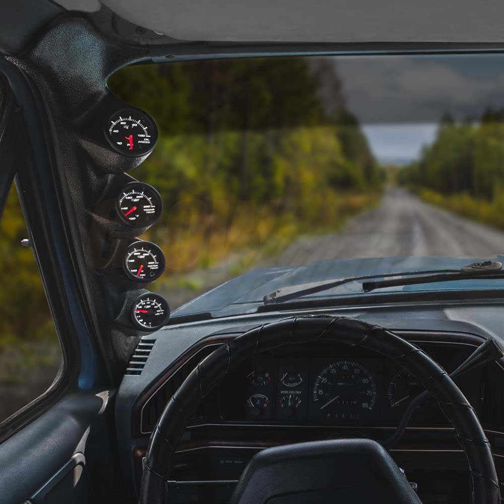 GlowShift Gauge Package Compatible with Ford F-Series F-250 F-350 1987-1991 - Black 7 Color 100 PSI Oil Pressure, Water Temperature, Transmission Temp & Volt Gauges - Black Quad Pillar Pod