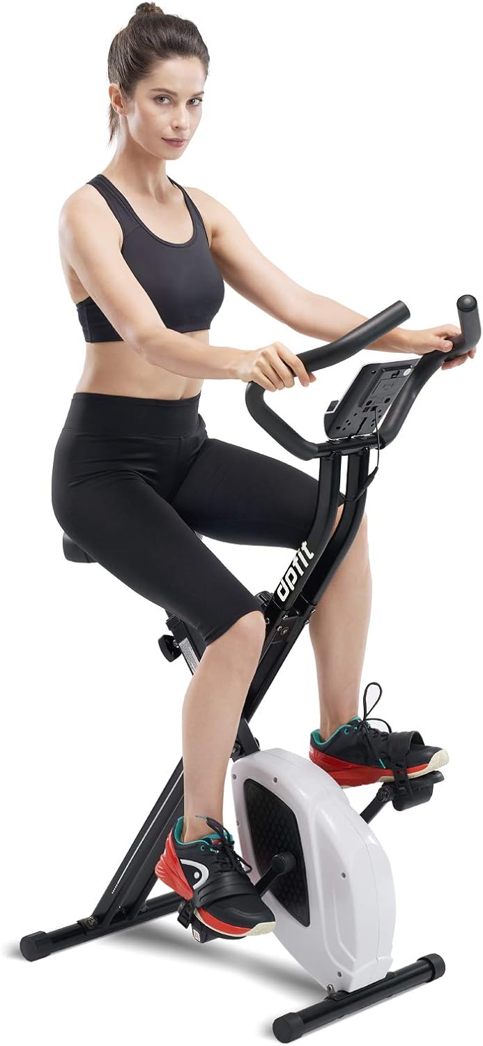 DPFIT Folding Stationary Exercise Bike with 8-levels Magnetic Resistance, Indoor Upright Foldable Cycling Bike with Large Cushy Seat, Tablet Holder and LCD Monitor for Home Workout